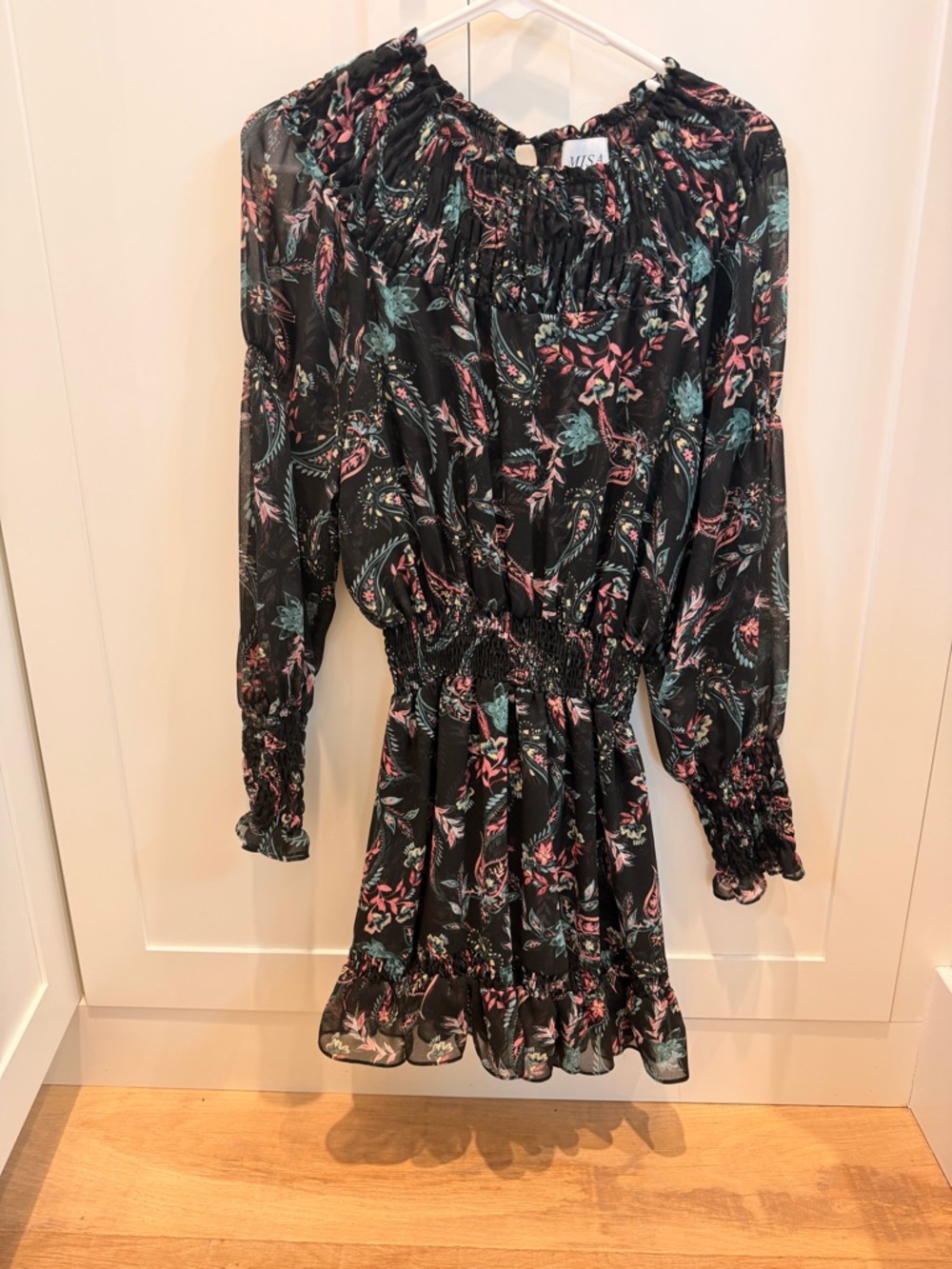 Misa Los Angeles Black Floral Smocked Mini Dress with Pink & Teal Print